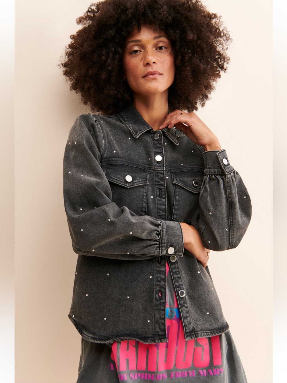 Cras Anthropologie Helen Black Rhinestone Puff Sleeve Denim Shirt Jacket 34/0-4
